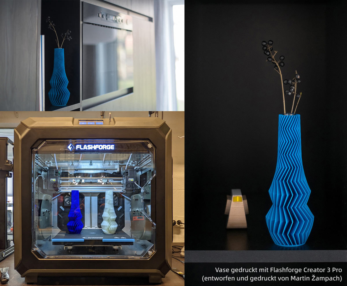 3D gedruckte Vase auf Flashforge Creator 3 Pro, Design und Druck von Martin Žampach